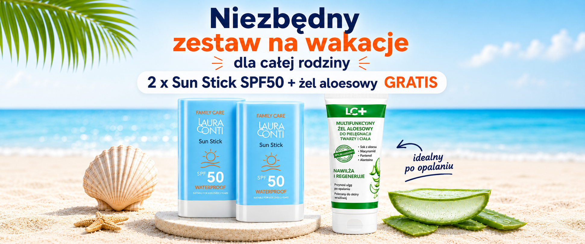 Niezbędny zestaw na wakacje: 2 x Sun Stick SPF50 plus żel aloesowy gratis